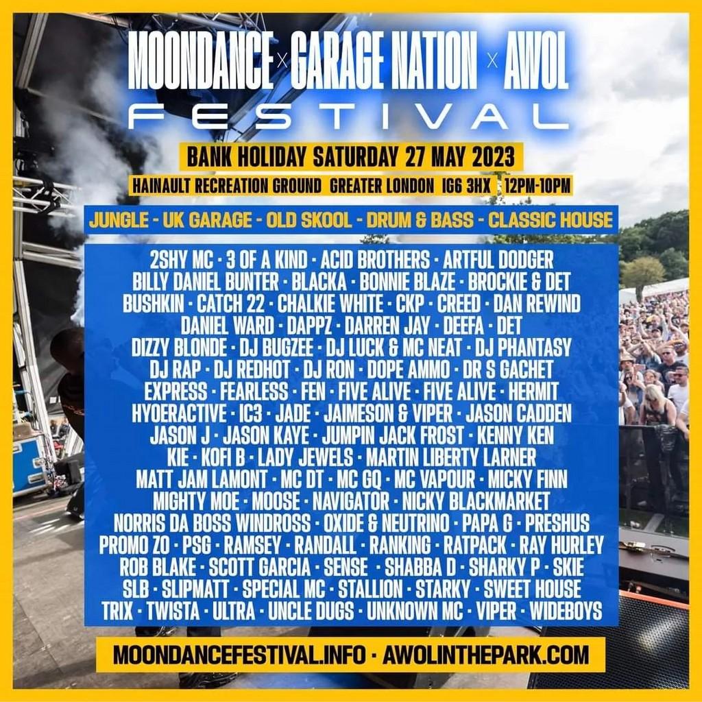 Lineup Poster Moondance x Garage Nation x AWOL Festival 2023