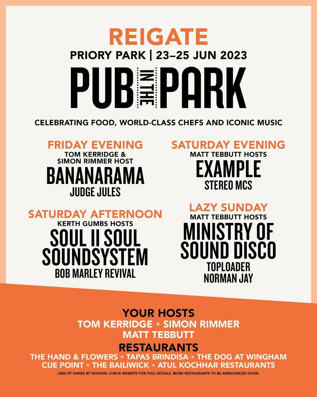 Lineup Poster Pub in the Park Reigate 2023