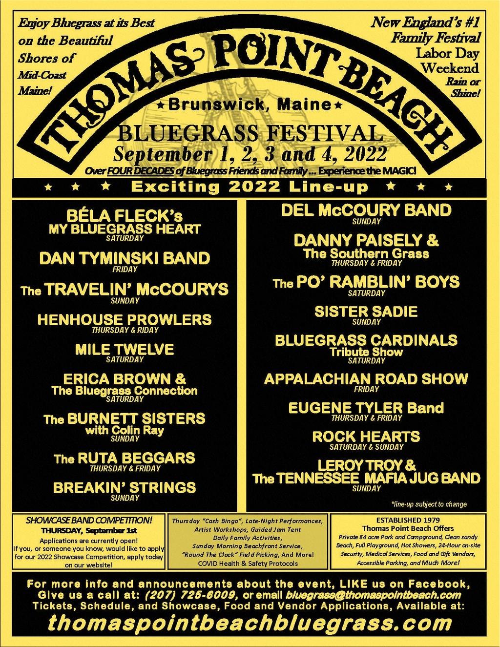 Lineup Poster Thomas Point Beach Bluegrass Festival 2022